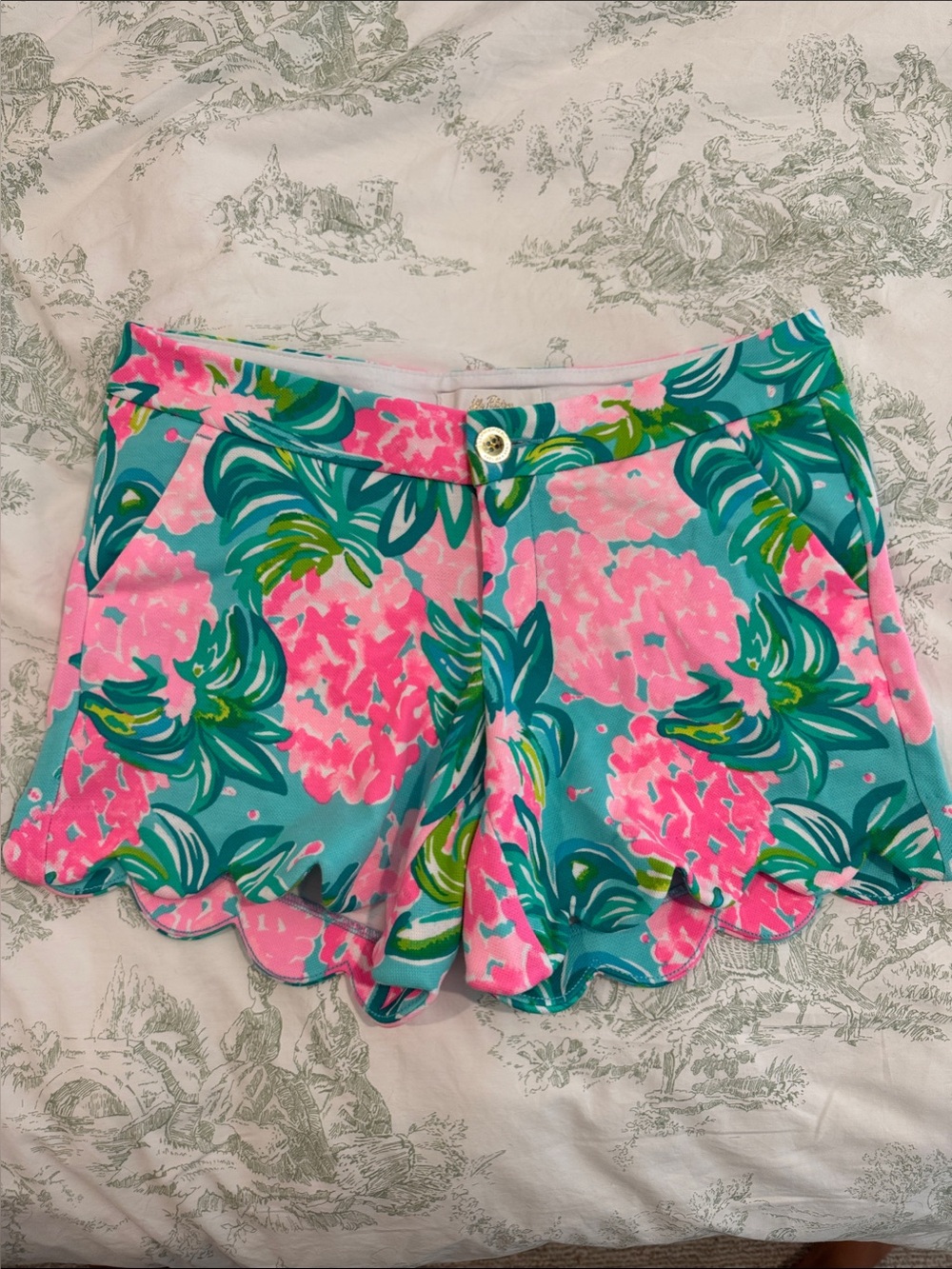 Pink Lily Pink & Teal Scallop Hem Floral High Waist Shorts
